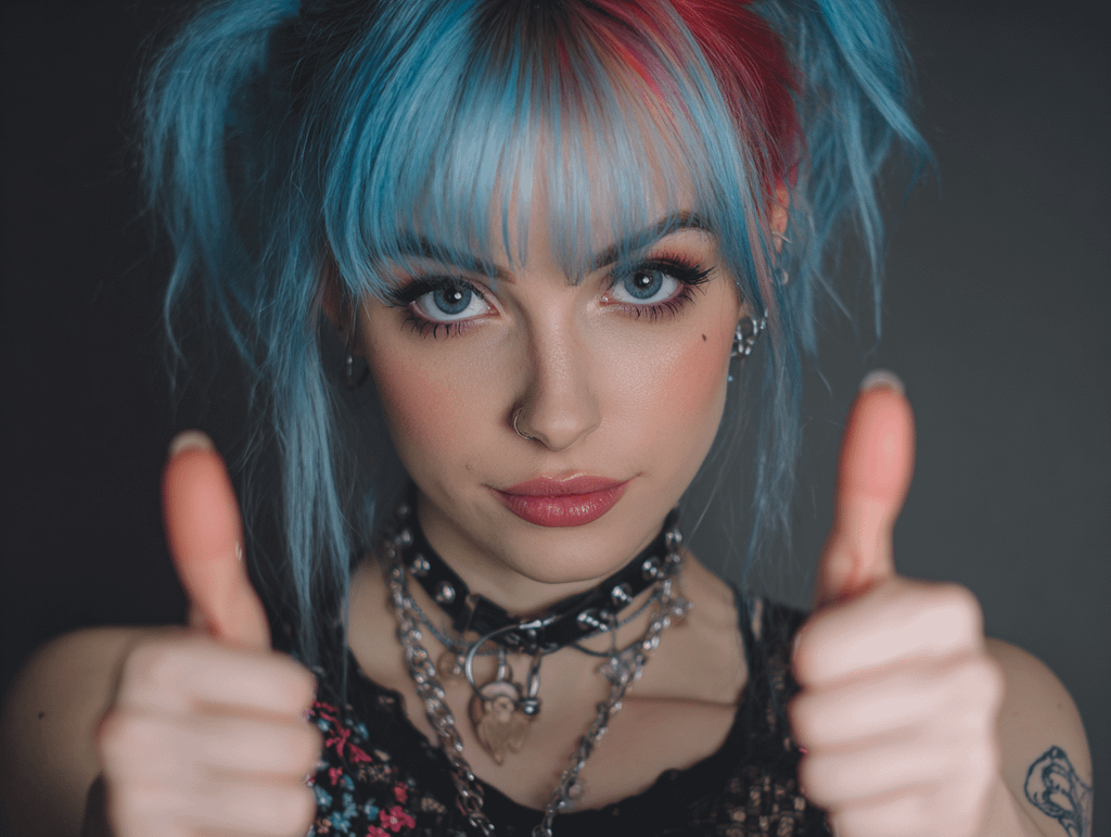 Alternative woman with blue and pink hair giving a thumbs up — visual symbol of compliance and approval in seduction dynamics