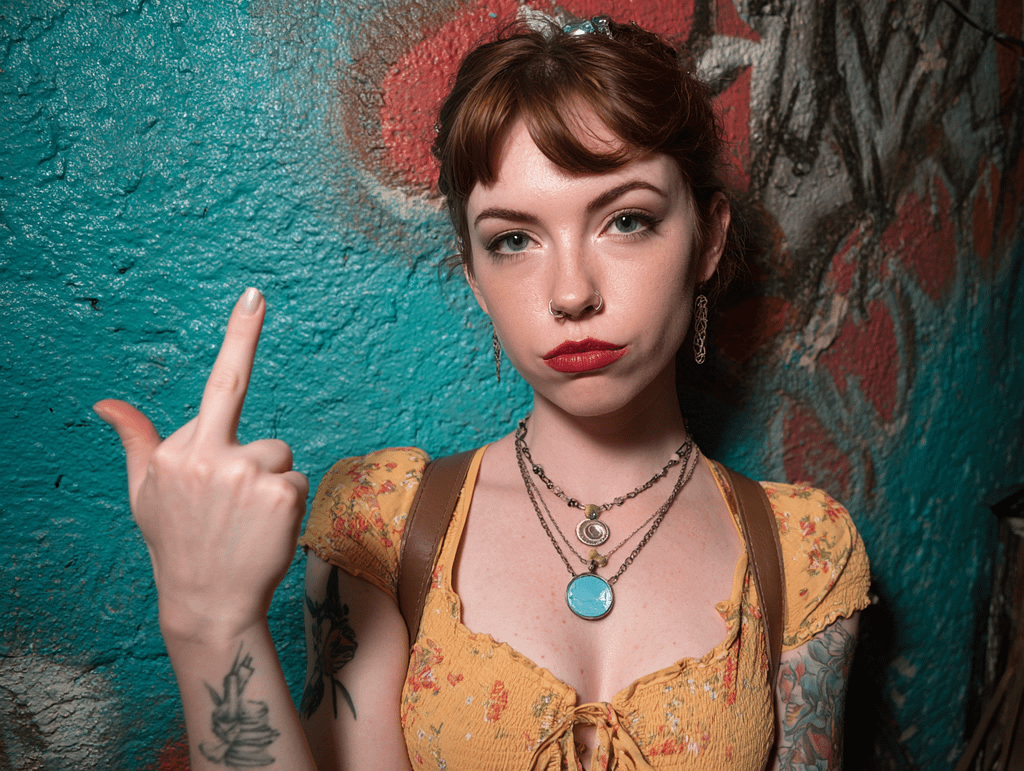 Alternative woman giving bratty non-compliant gesture — representing resistance and compliance testing in seduction