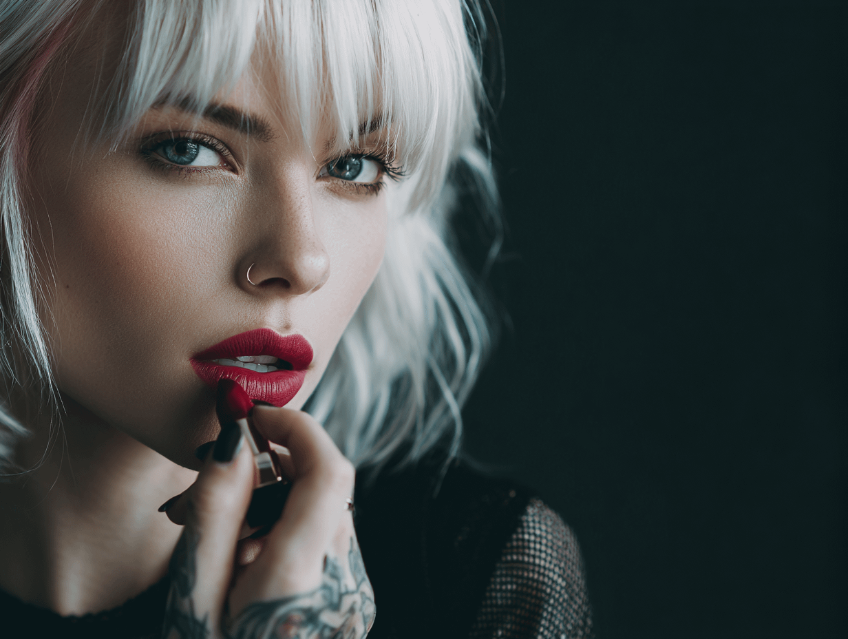 Close-up of a beautiful alternative woman applying red lipstick, symbolizing emotional investment and feminine effort in seduction
