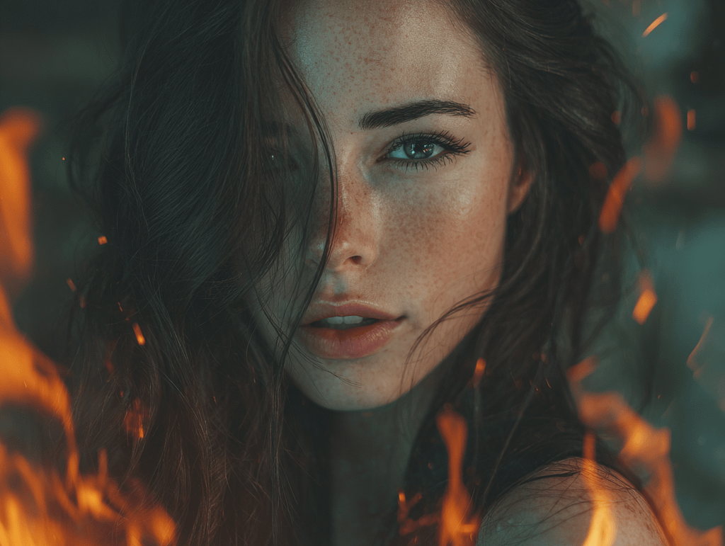 Beautiful woman’s face surrounded by flames — symbolizing the transition from subtle attraction to intense desire in indirect game seduction.