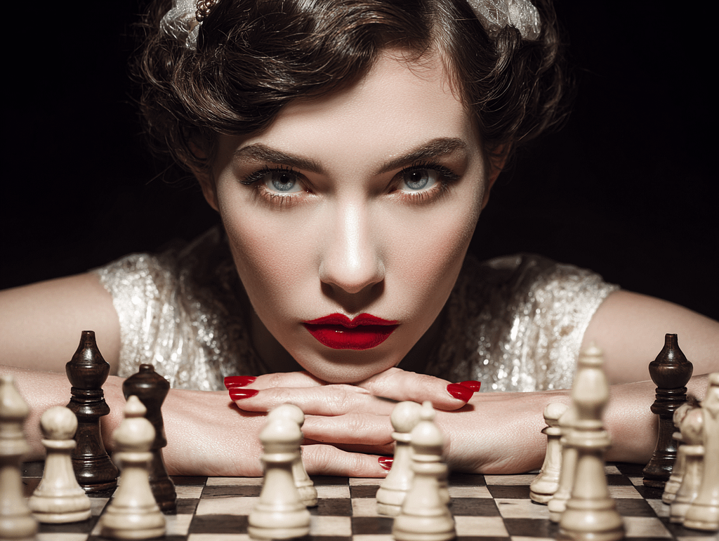 Seductive woman in red lipstick planning chess strategy — symbol of psychological seduction and strategic allure
