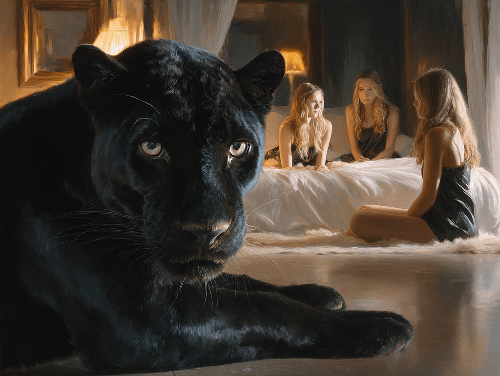 Black panther symbolizing silent power and social dominance in front of intrigued women
