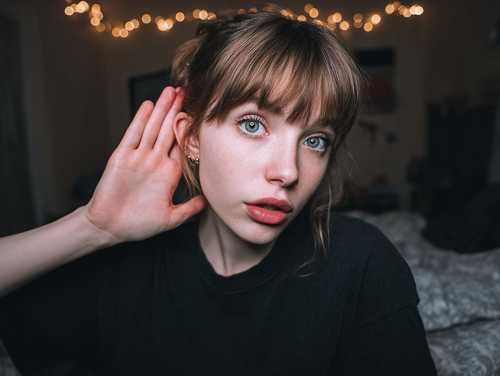 Beautiful woman listening intently with hand to ear — symbolizing conversational silence, nonverbal communication, and seductive tension