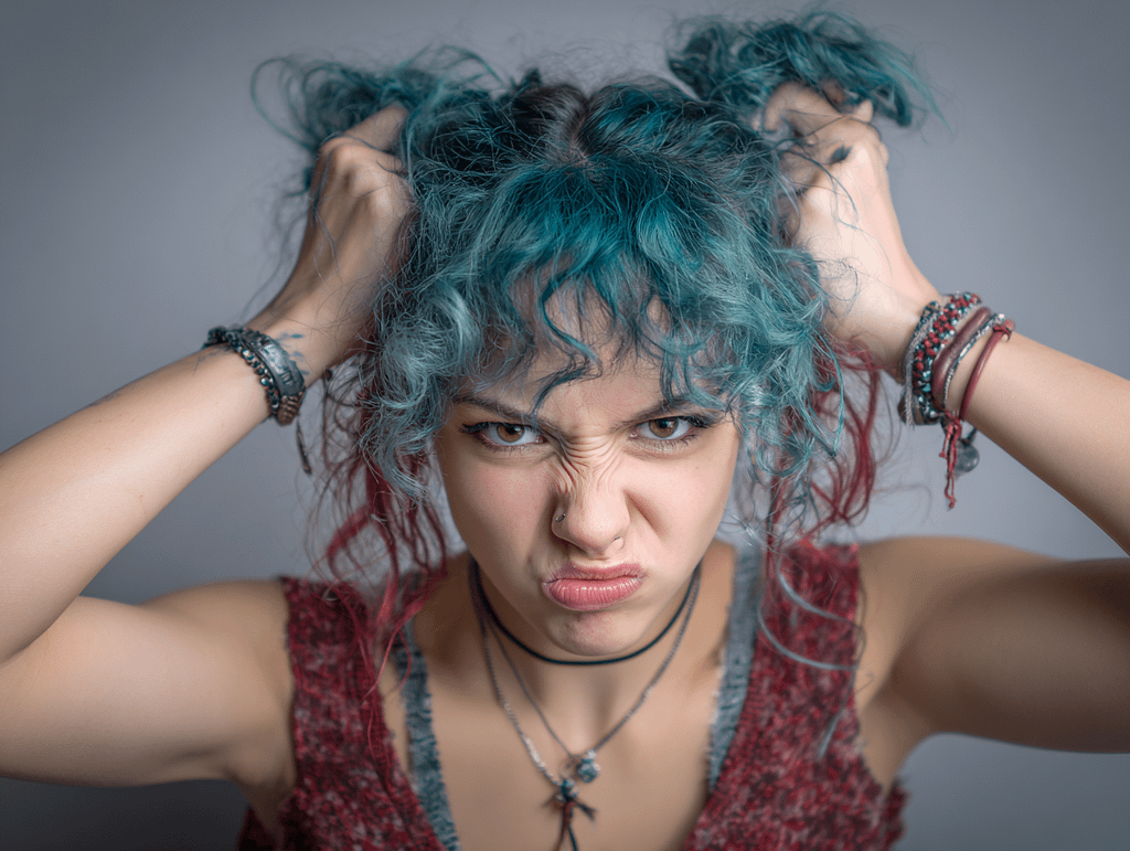 Angry alt woman pulling her hair in frustration, symbolizing emotional tension and the need for control and calibration in social dynamics