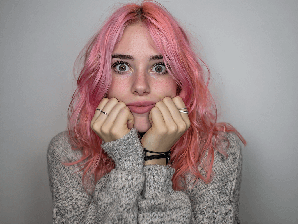 Pink-haired woman with anxious expression symbolizing internal tension and restrained emotion