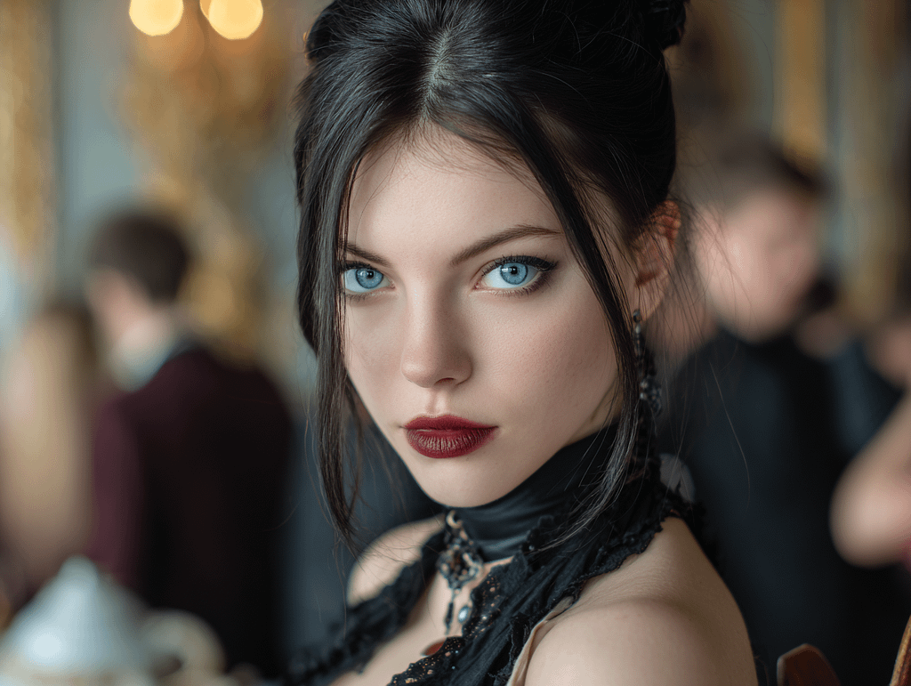 A striking woman with piercing blue eyes and confident posture, standing still among a blurred crowd — embodying physical presence and silent dominance