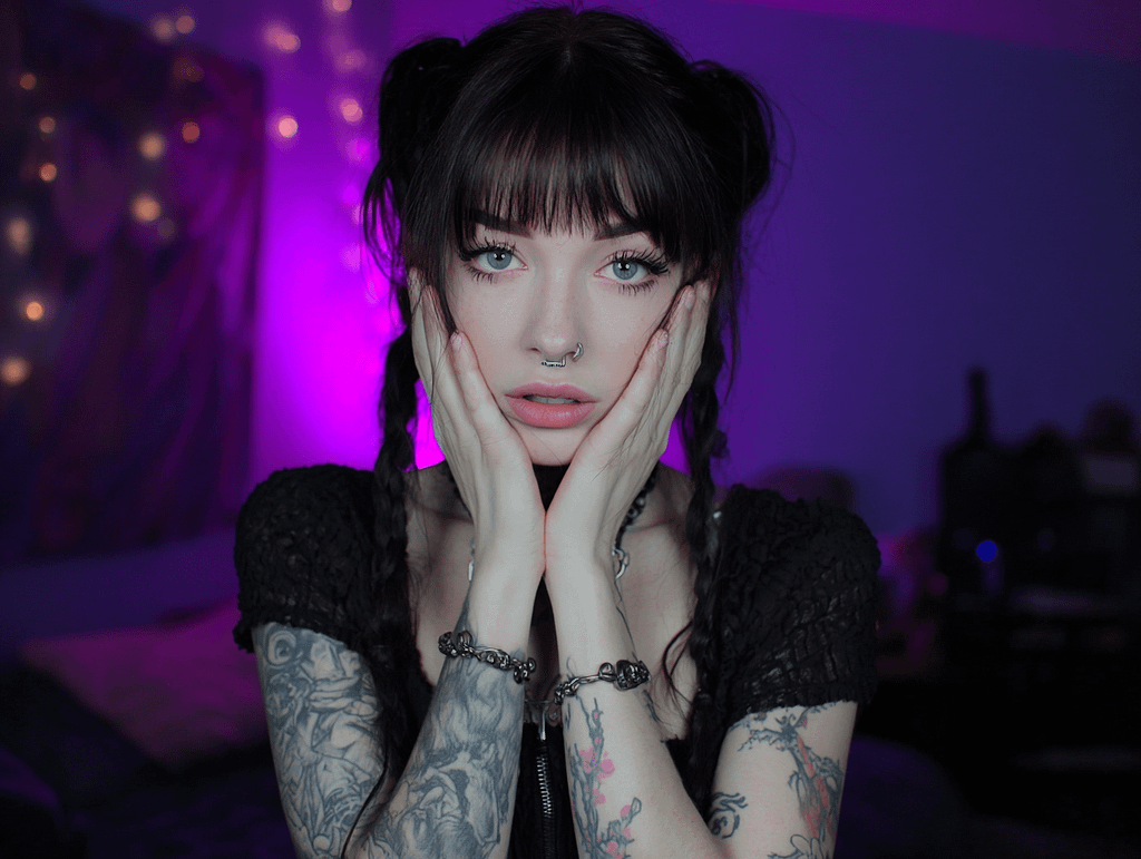 Alt woman with tattoos holding her face in tension, symbolizing emotional and psychological pressure
