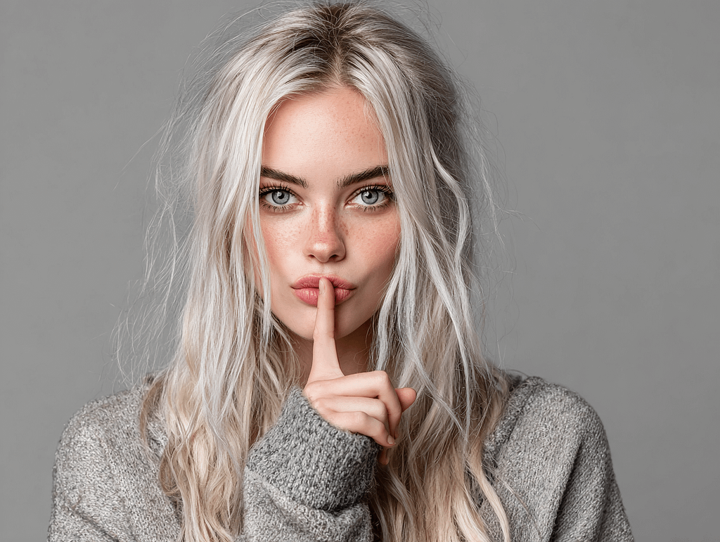 Beautiful woman gesturing silence with finger on lips — symbolic of seductive power, tension, and nonverbal communication