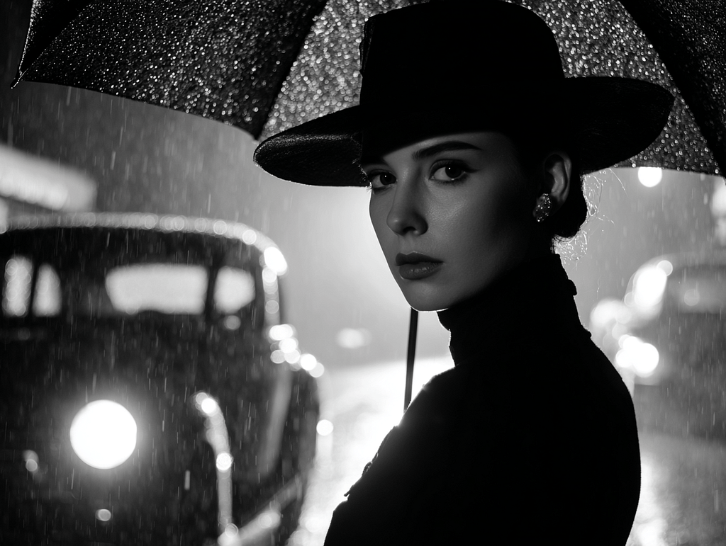 Film noir-style woman in shadow holding umbrella — radiating silent presence, mystery, and unspoken power