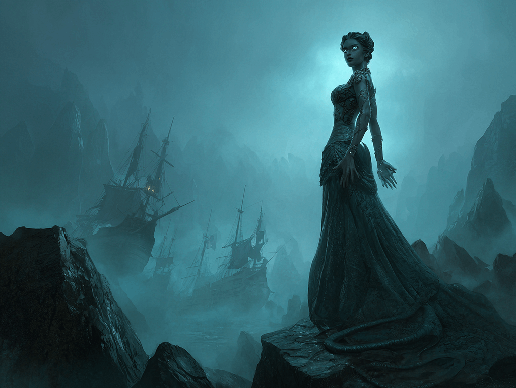 A haunting siren standing on ocean rocks in a foggy, mythic landscape, luring ships to their doom with her eerie presence and glowing eyes — symbolizing seductive danger and psychological allure