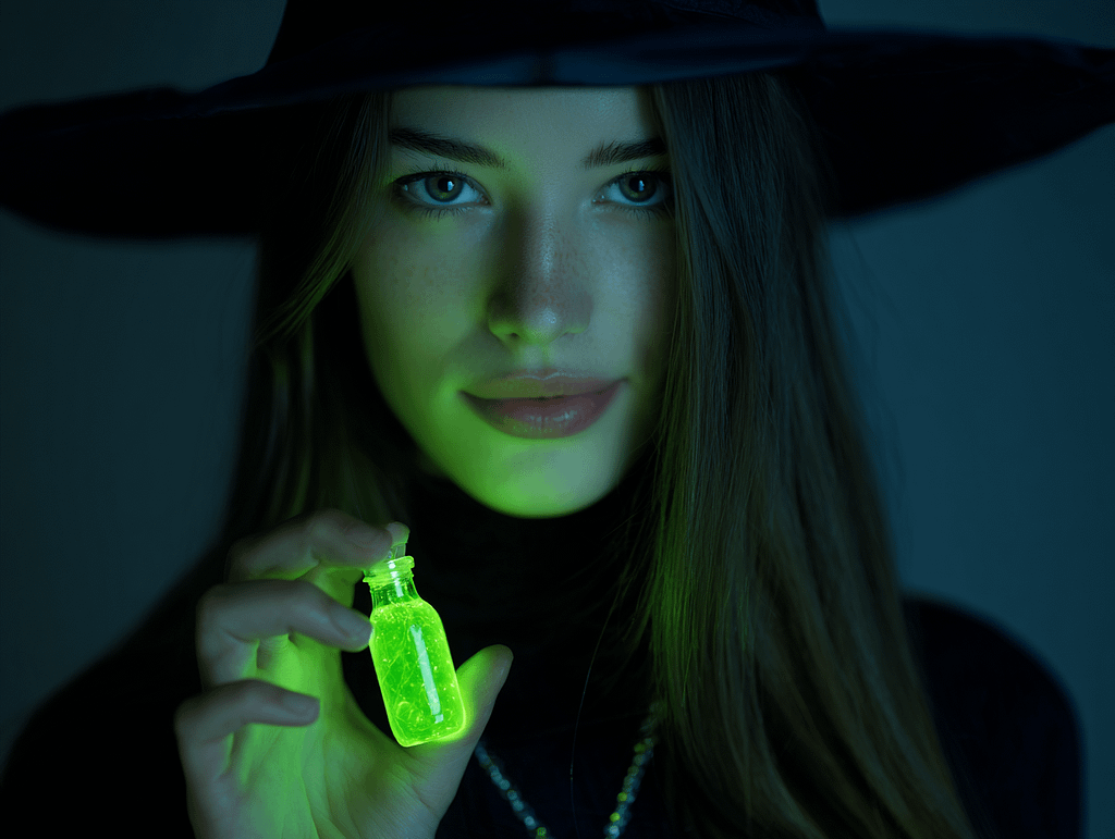 Beautiful witch holding glowing green potion bottle — symbol of transformation and how to stop talking too much