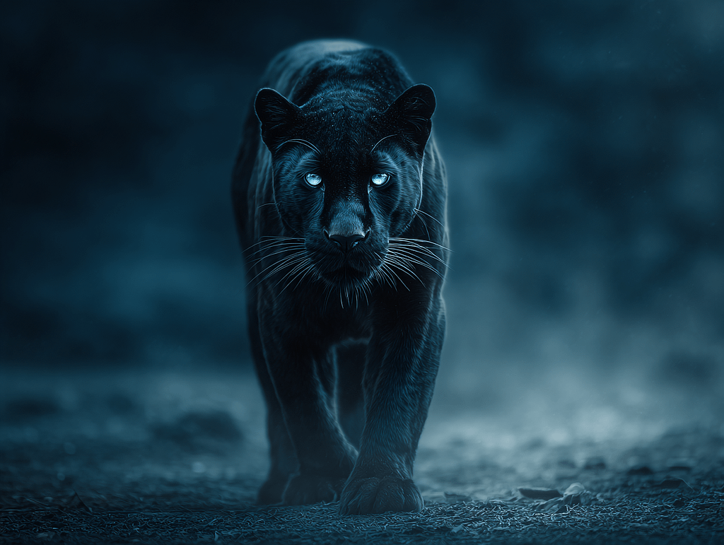 A powerful black panther walking forward in a dark, moody forest, symbolizing silent confidence, presence, and nonverbal dominance