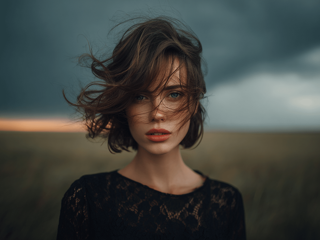 A beautiful woman standing in a windy storm, her hair blown across her face as she maintains a calm, grounded gaze — symbolizing inner presence in outer chaos