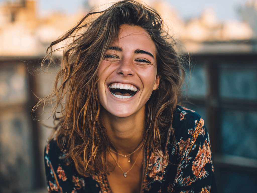Beautiful woman laughing with full expression, emotional face capturing attention — symbolizes contrast between genuine joy and performative confidence, fake it till you make it concept