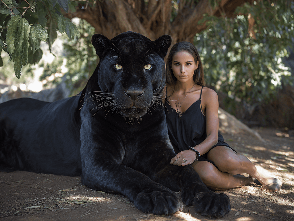 A confident woman sitting beside a calm black panther in the forest, symbolizing true masculine confidence and emotional presence