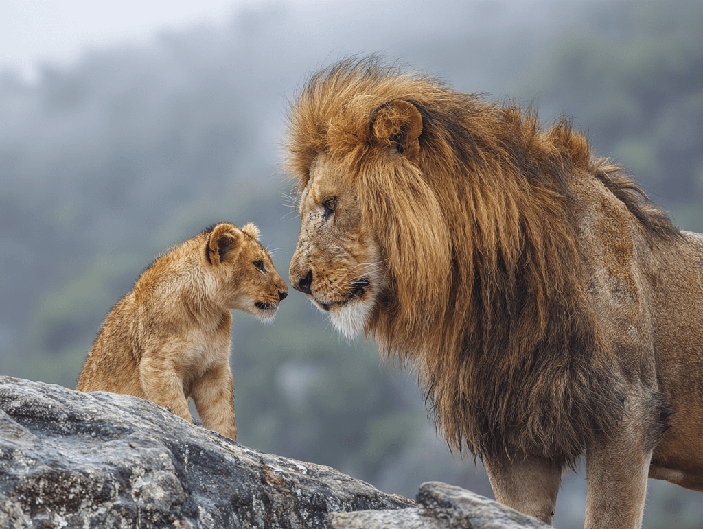 A majestic lion and a young cub facing each other on a mountain ledge, symbolizing self-esteem and the foundations of true confidence