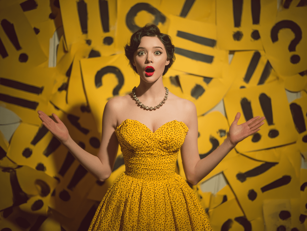 Surprised woman with question and exclamation marks in background symbolizing dating confusion and auto rejection