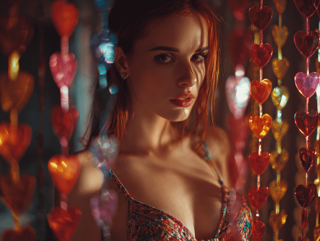 Beautiful woman surrounded by heart decorations, symbolizing emotional attraction, romance, and dating psychology