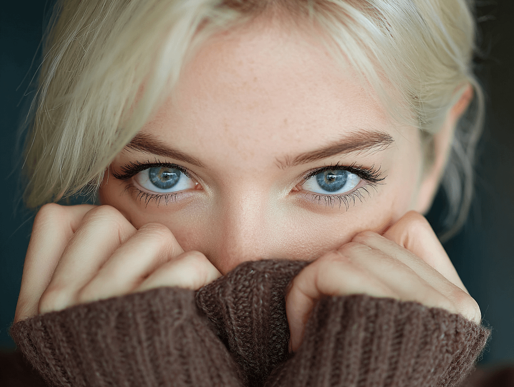 Close-up of a shy blonde woman with intense blue eyes holding steady eye contact, symbolizing the tension and power of seductive gaze
