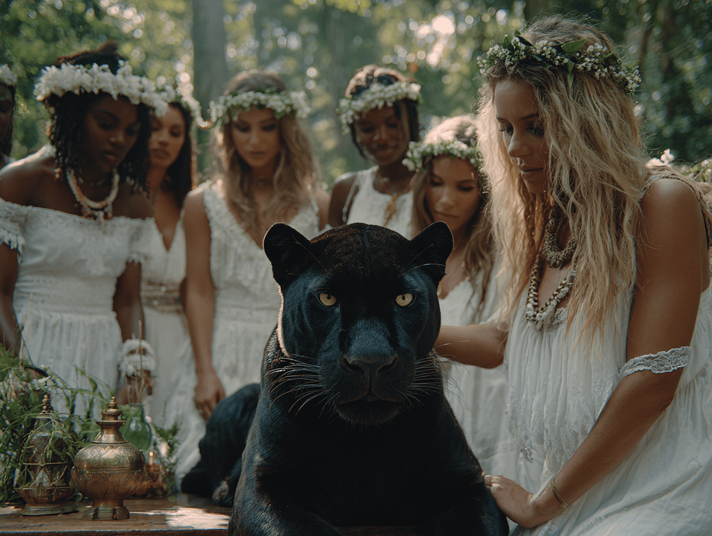 A black panther sits calmly while a group of beautiful women gather around it, symbolizing the magnetic stillness and power of restrained presence
