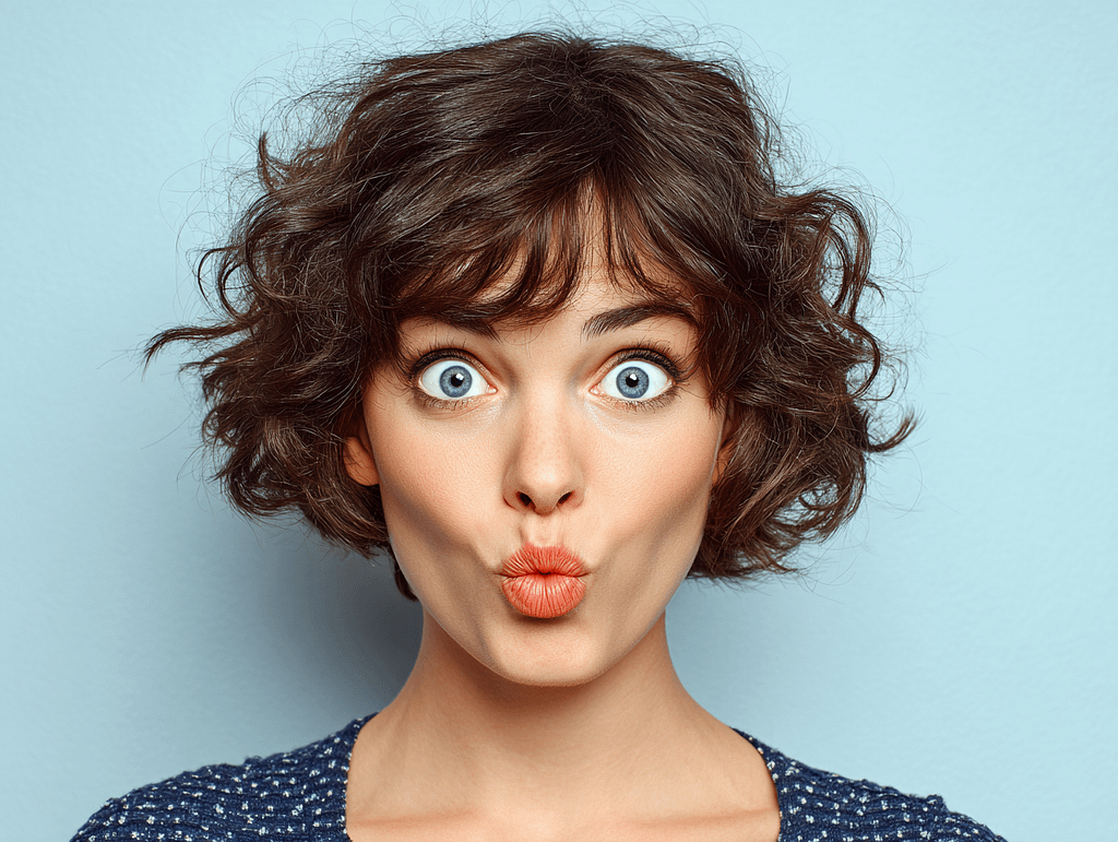 Playful young woman with big expressive blue eyes making a funny face, illustrating exaggerated eye contact and emotional expression