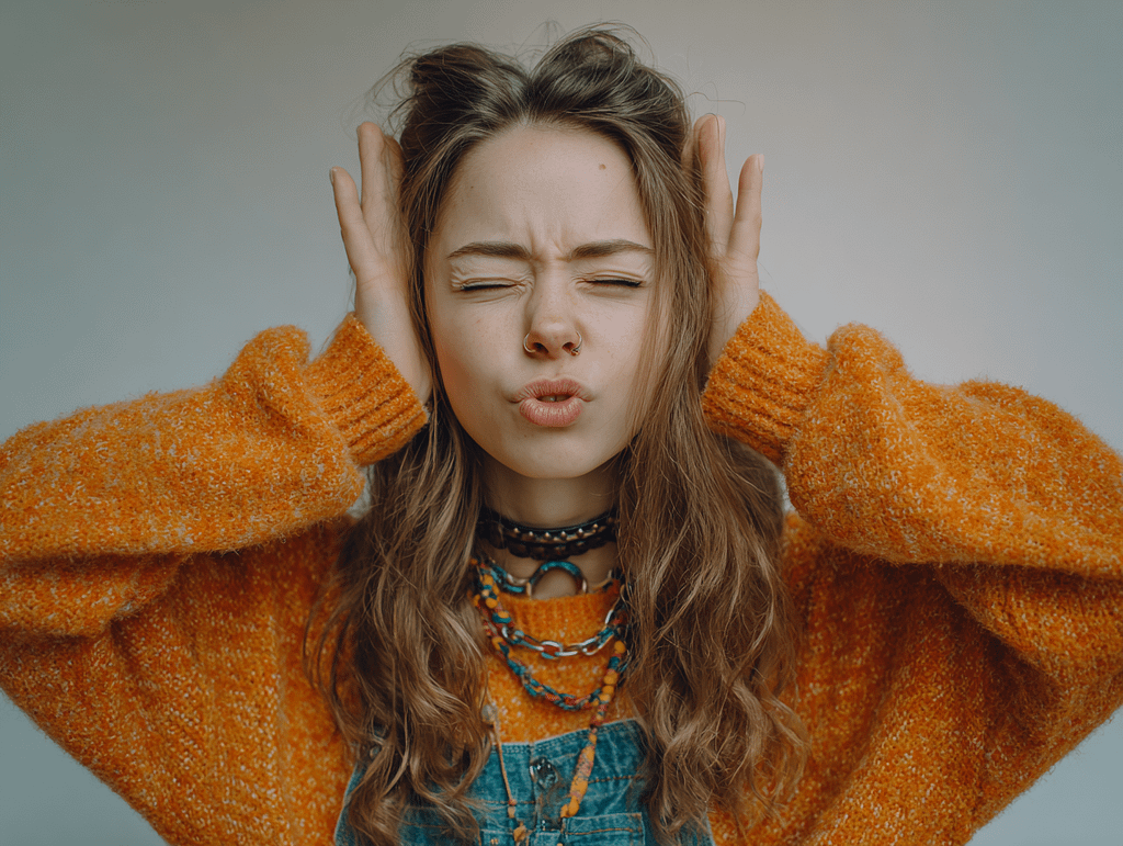 Beautiful alt woman covering her ears in frustration, symbolizing the curse of talking too much and the need for silence and presence