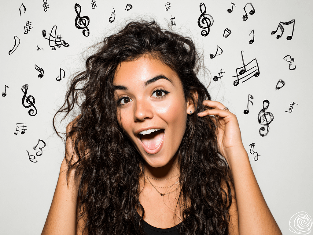 Excited alt woman surrounded by music notes, symbolizing rhythm and emotional release in tension and seduction