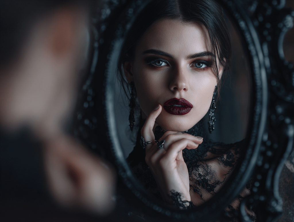 A seductive gothic woman gazing into a mirror — symbolic of self-reflection, identity, and the seductive power explored in The Art of Seduction by Robert Greene