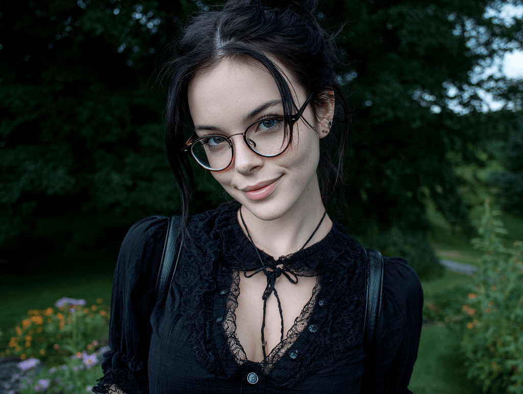 Mysterious alt girl giving a flirtatious look in black lace dress — sexual tension and body language concept