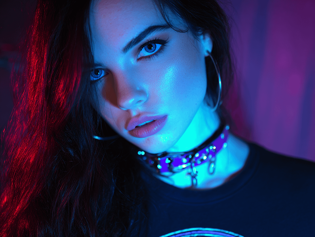 Seductive alt woman in neon lighting creating nonverbal sexual tension with intense eye contact