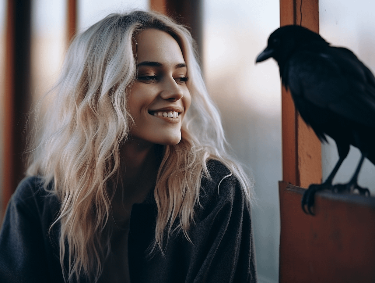A beautiful blonde woman and a black crow gazing at each other, capturing an unusual moment of connection and tension — symbolic of sexual tension and mystery