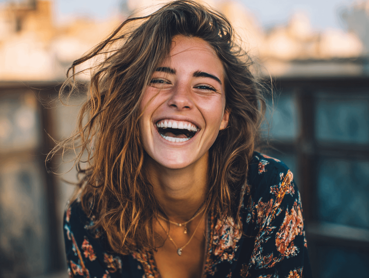 Beautiful woman laughing with full expression, emotional face capturing attention — symbolizes contrast between genuine joy and performative confidence, fake it till you make it concept