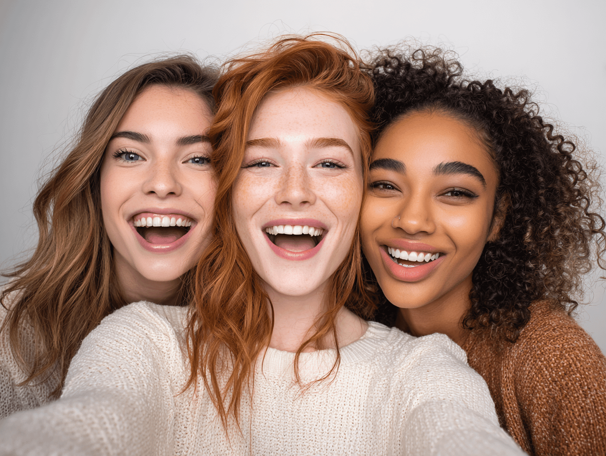Three women smiling with excitement and warmth, reflecting attraction and positive social response