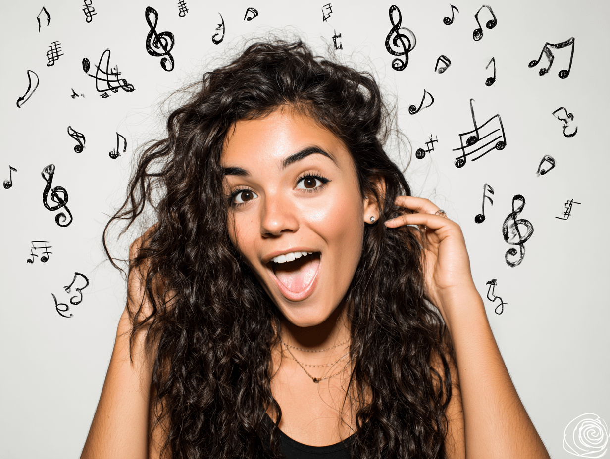 Excited alt woman surrounded by music notes, symbolizing rhythm and emotional release in tension and seduction